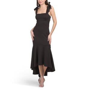 JEWEL BY BADGLEY MISCHKA Black Bow Shoulder Hi-lo Mermaid Gown